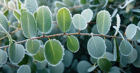 Poster - Frosty eucalyptus branch. Delicate leaves covered in ice crystals. Winter scene, muted colors, natural beauty.