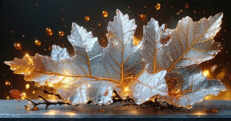 Poster - Frosty oak leaves illuminated, glowing veins. Dramatic lighting creates ethereal winter scene. Delicate details, beautiful textures.