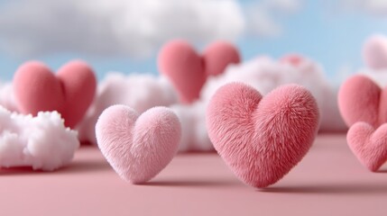 Poster - Group of fuzzy pink hearts are scattered across a pink background. The hearts are arranged in a way that creates a sense of unity and love. The fluffy texture of the hearts adds a soft