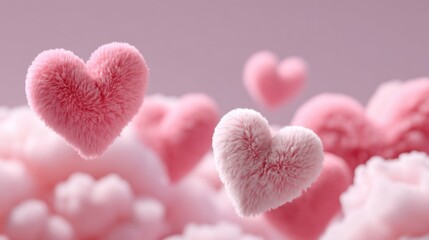 Poster - Pink fluffy cloud of hearts floating in the sky. The clouds are made of fuzzy pink hearts and are scattered throughout the sky. Concept of love and warmth, as the hearts are soft and fluffy