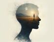 © Pete - Illustration depicts therapy concept hypnosis, regression, introspection. Human silhouette filled serene landscape, full moon, lone figure, evoking mind healing, consciousness. AI generated art.