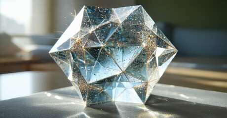 Poster - Complex geometric sculpture. Crystal facets reflect light, creating sparkle. Golden dust within adds visual interest. Dramatic shadows present.