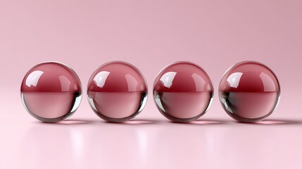 Poster - Four glass spheres are arranged in a row on a pink background. The spheres are all the same color and appear to be identical. The image has a monochromatic color scheme and a minimalist feel