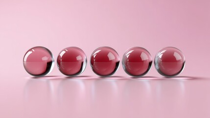 Poster - Row of five clear glass spheres with a pink background. The spheres are all the same size and color, creating a sense of uniformity and order. The pink background adds a touch of elegance