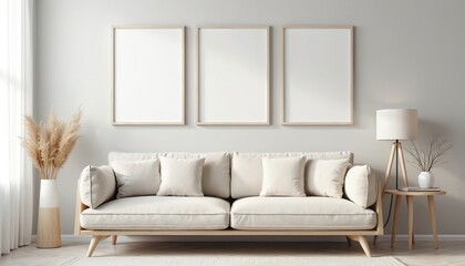 Poster - Modern living room interior design. Mockup three square posters frames above cozy sofa. Beige pillows, wooden side table with decor, floor lamp, vase with decorative plants. Scandinavian minimalist