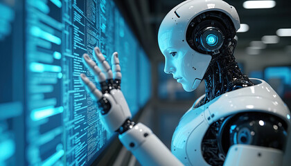 Poster - Futuristic AI robot interacts data on digital screen. Artificial intelligence machine learning technology analysis. Adaptive learning algorithm, neural network. High tech, cybernetic, future