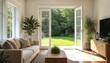© Pete - Spacious living room with large white french doors leading to green lawn and trees. Modern interior design features white walls and bright sunlight. Cozy space for home living.