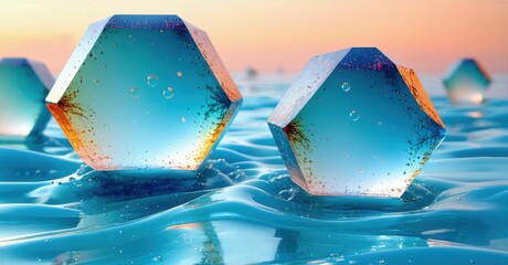 Aufkleber - Hexagonal crystals float upon water. Sunset hues reflect, creating vibrant, glossy visuals. Bubbles cling to surfaces, enhancing texture.