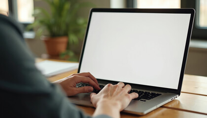Aufkleber - Business man uses laptop with blank screen for text. Office background with table, flowerpot with plant. Back view of hands typing on notebook keyboard. Tech, work, online, business, job, modern