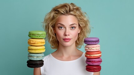 Poster - Woman is holding a stack of colorful macarons. The macarons are of different colors and sizes, and they are piled up in her hands. Concept of abundance and variety