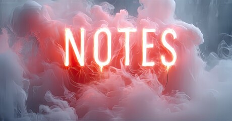 Poster - Bright neon sign spelling NOTES emerges from swirling pink, blue smoke. Dramatic lighting creates intense visual impact. Minimalist composition.