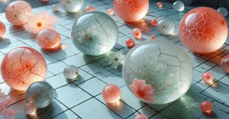 Poster - Glass spheres, pink flowers scattered across tiled surface. Delicate textures, soft lighting creates serene atmosphere. Beautiful composition.