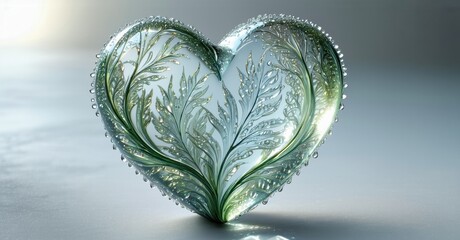 Poster - Glass heart displays delicate leaf patterns. Water droplets reflect light, creating soft glow. Symbolism evokes nature, love, purity.
