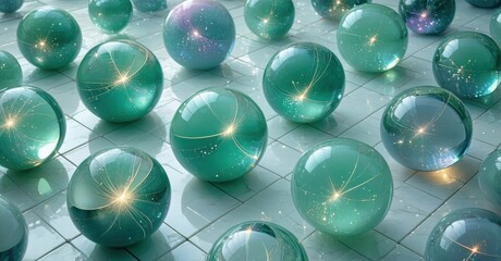 Poster - Glass spheres reflect light, creating sparkling patterns. Tiles provide reflective surface for luminous orbs. Beautiful, calming scene.