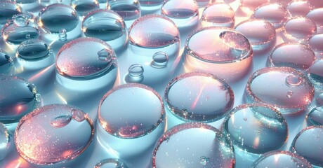 Poster - Bubbles cover surface. Light reflects, creating pink, blue hues. Sparkling details enhance visual texture. Fluidity dominates composition.