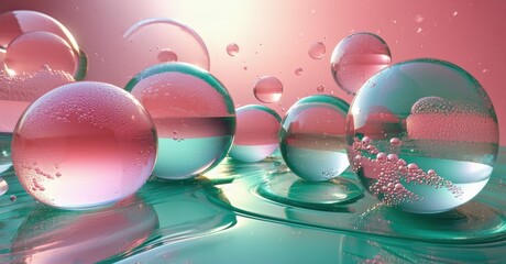 Poster - Bubbles float, reflect light. Pink, teal hues create abstract, glossy composition. Water ripples add dynamic texture.