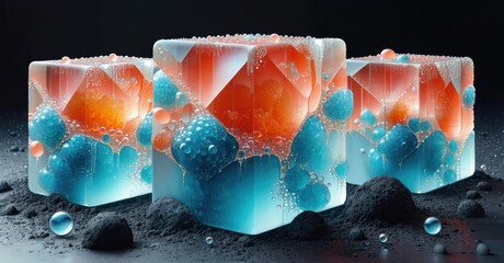 Poster - Cubes contain vibrant liquid spheres. Orange, blue hues blend within transparent blocks resting on dark ground. Abstract composition.