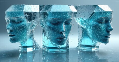 Poster - Three fractured faces encased within icy cubes. Water droplets cascade down surfaces, creating surreal, reflective effect. Minimalist composition, cool tones dominate.