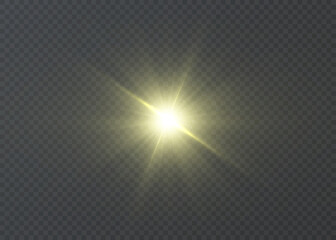 Poster - Yellow light flash with rays and glare on transparent background. Bright shine and glow effect.