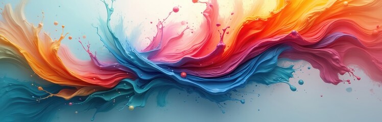 Poster - Abstract illustration depicts fluid colorful paint splashes. Vibrant flow colors mixing together creates dynamic look. Artwork for website header banner or background with splashes, drops of liquid.