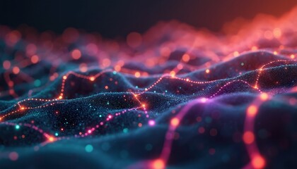 Poster - Abstract digital network of web connections, internet, deep web tech. Illustration of colorful technology. Geometric lines connect dots, glow effect, bright neon lights on dark background.