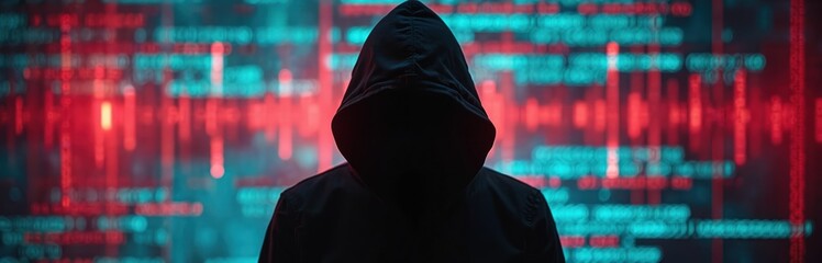 Aufkleber - Silhouette hooded figure against digital screen data. Red and turquoise colours represent technology. Cyber security, data protection concepts. Hacking attack, data breach.