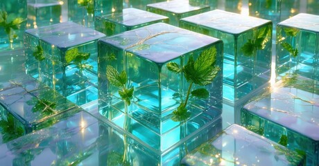 Poster - Cubes contain mint plants. Reflections create infinite visual depth. Turquoise, teal hues dominate composition. Light plays across surfaces.