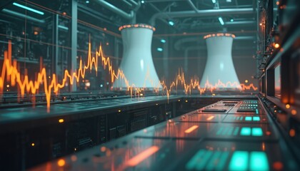 Aufkleber - Nuclear reactor core with energy stock performance graph. Financial market, energy sector, green energy, power plant, trading, investment, economic, technical data illustration, futuristic design,