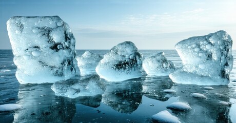 Poster - Frozen water blocks rest upon icy surface. Sky visible, calm conditions present. Reflective quality noticeable.