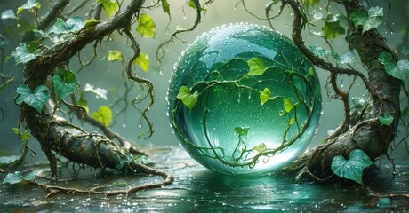 Poster - Glass sphere rests amid roots, vines. Water droplets cover surfaces, creating mystical forest scene. Lush greenery surrounds orb.