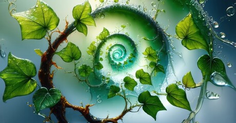 Poster - Vibrant spiral growth. Green leaves, water droplets, twisting branch create beautiful natural form. Light illuminates delicate details.