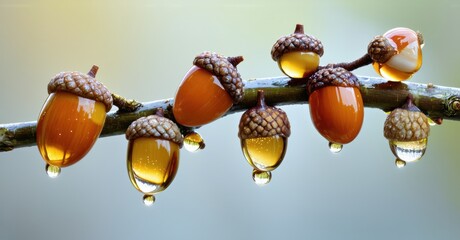 Aufkleber - Acorns rest upon branch. Water droplets cling, creating glistening effect. Soft focus, natural light, autumn scene.