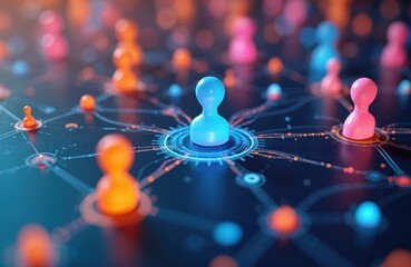 Poster - Illustration online marketing strategy using audience segmentation, targeted campaigns, outreach methods. 3D render features colorful figures connected digital network. Marketing strategy concept.
