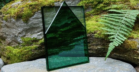 Poster - Glass triangles reflect forest scene. Mossy rock provides natural backdrop. Fern adds texture, depth. Minimalist composition.
