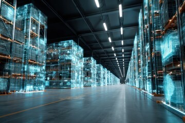 Aufkleber - Futuristic warehouse displaying real-time logistics data using advanced holographic technology.