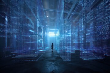Poster - Viewer immersed in a holographic matrix representing technological advancements through digital visualization.