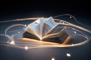 Poster - Low-poly abstract book glowing with light trails, symbolizing the flow of knowledge and learning.
