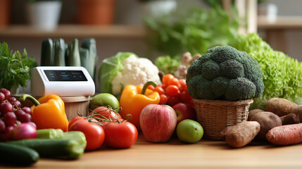 Poster - Variety of fresh vegetables and fruits, including broccoli, tomatoes, and apples, are displayed on wooden table alongside digital nutrition analyzer, highlighting healthy eating and technology