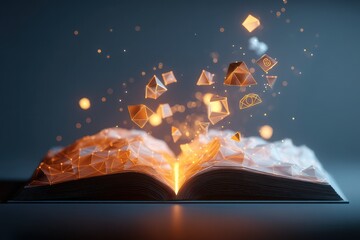 Poster - Digital low-poly book with light beams, representing modern online education symbols.