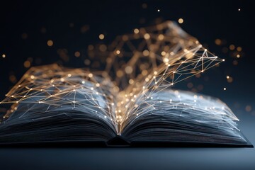 Poster - Low-poly wireframe open book on a digital screen, symbolizing digital learning and innovation.