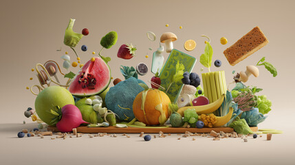Poster - Vibrant assortment of fruits and vegetables, including watermelon, broccoli, and oranges, creatively arranged with floating elements like blueberries and herbs, showcasing playful and artistic