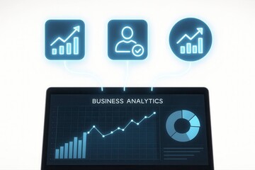 Poster - Laptop displaying business analytics with charts and profile icons above