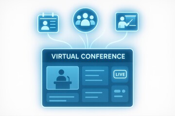 Poster - Illustration of a virtual conference platform with schedule and speaker