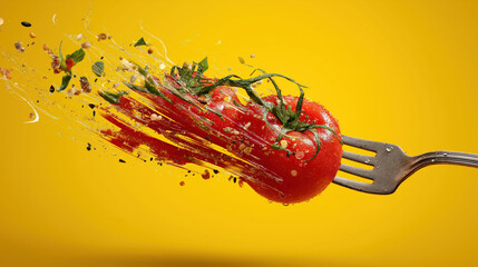 Poster - Vibrant tomato on fork explodes with spices and herbs against bright yellow background, showcasing dynamic and fresh culinary concept