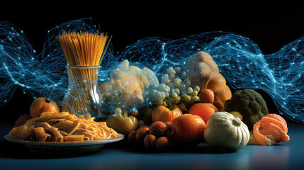 Poster - Vibrant assortment of fruits, vegetables, and pasta is surrounded by digital network, symbolizing intersection of food and technology