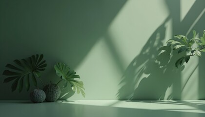 Poster - Green nature background with leaf shadow. Blank scene for product presentation. 3D render with leaves in scene. Cosmetic, fashion, beauty brand showcase. Leaf shadow, blank space for mockups or promo.