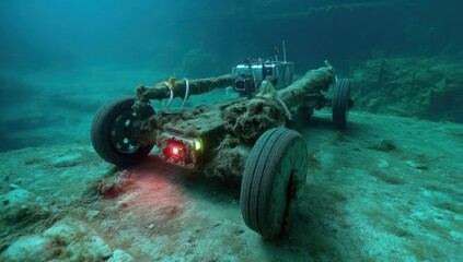 Poster - Underwater vehicle scanning shipwrecks, collecting valuable data from submerged historical sites.