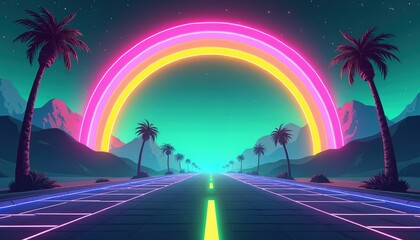 Poster - Retro-futuristic neon rainbow illustration over digital landscape, 80s synthwave aesthetic. Palm trees, mountains, grid road at night. Suitable as wallpaper, poster design element. Cyberpunk theme