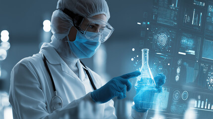 Aufkleber - Scientist in protective gear examines digital hologram of beaker, symbolizing advanced medical research and technology. scene conveys innovation and futuristic healthcare
