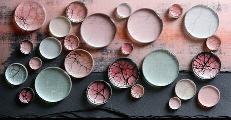 Leinwandbilder - Abstract artwork features varied circular glass elements. Colors include pinks, reds, greens against textured background. Composition feels organic, delicate.